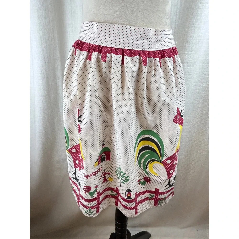 Vintage Rooster Farm Novelty Print Half Apron Red Polka Dot Country Kitchen
